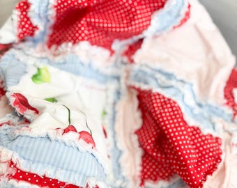 Red Cherries Girl Rag Quilt | Cherry Red, Pastel Pink, Light Blue Baby Girl Crib Bedding | Baby Girl Quilt