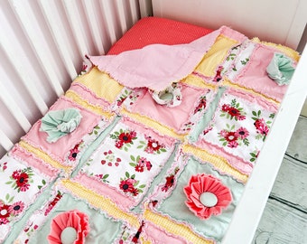 Flower Pink Crib Bedding Set with Girl Baby Blanket, Baby Girl Crib Sets, Homemade Quilts Baby Nursery Decor Baby Girl