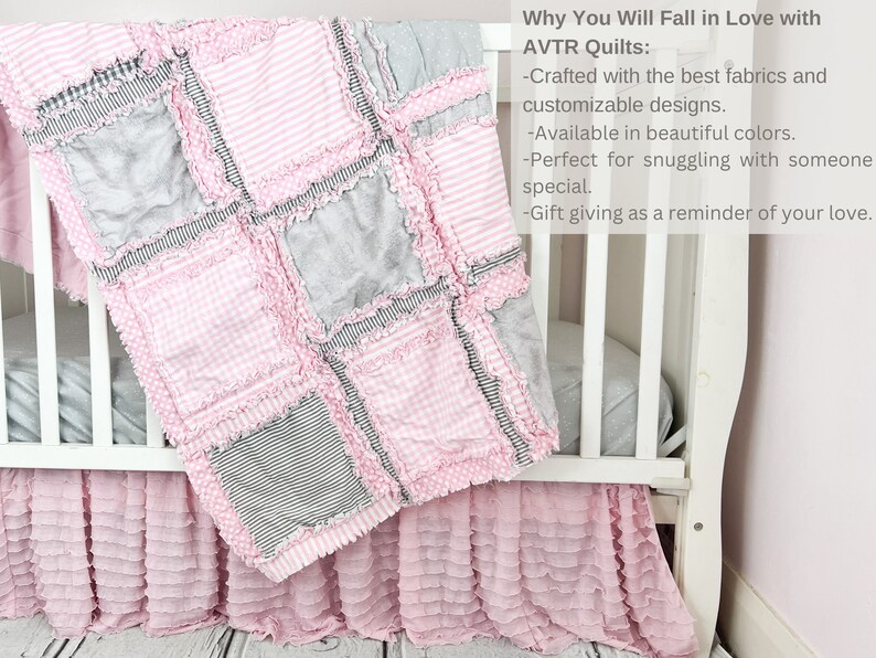 Baby Girl Quilts Pink Crib Bedding, Pink and Gray Baby Quilts, Toddler Bedding Girl Homemade Quilts for Girls image 7