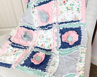 Floral Crib Bedding Homemade Quilts | Baby Girl Rag Quilt Boho Toddler Bedding Girl | Soft Pink Sage Green, Navy Blue Flowers