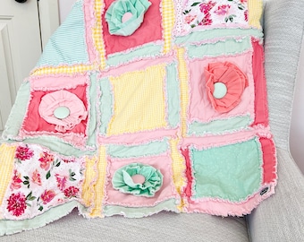 Bright Floral Comforter Pink Crib Bedding, Baby Girl Rag Quilt, Homemade Quilts for Sale Toddler Bedding for Girls