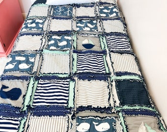 Nautical Bedding Homemade Quilts for Sale, Big Handmade Rag Quilts, Full Size Comforter Blankets for Boys