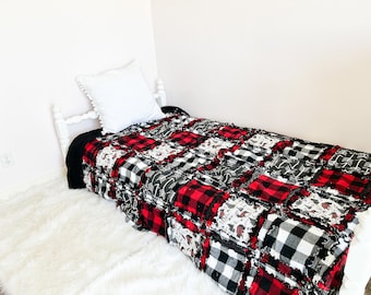 Red and Black Woodland Twin Bed Quilt, Big Handmade Rag Quilts, Deer Bear Elk Also Available in Baby Blanket Sizes for Baby's