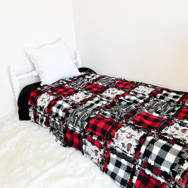 Red and Black Woodland Twin Bed Quilt, Big Handmade Rag Quilts, Deer Bear Elk Also Available in Baby Blanket Sizes for Baby's