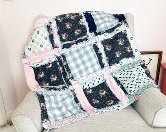 Pink Crib Bedding Navy Blue Horse Baby Girl Rag Quilt, Girls Quick Ship Quilts, Horseshoe Quilt for Baby Girl