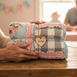 Pink Crib Bedding Infant Blanket | Blue Vintage Floral, Baby Girl Rag Quilts for Sale | Twin Bedspread, Toddler Bed Spread, Mini Nursery Bed