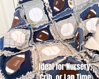 Sports Rag Quilt Modern Boys Blanket | Football, Baseball, Basketball Crib Bedding for Boy Nursery Decor | Baby Shower Heirloom Baby Gift