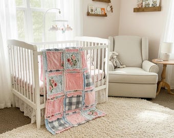 Pastel Pink & Blue Rag Crib Quilt | Handmade Heirloom Baby Gift | Soft Flannel Country Plaid Blanket | Neutral Gender-Neutral Baby Bedding
