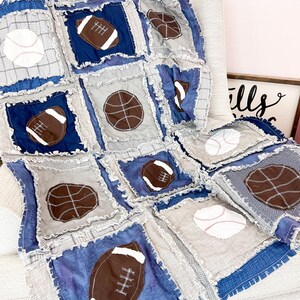 Sports Theme Baby Boy Quilt, Sports Themed Rag Quilts, Baseball Football Basketball Nursery Bedding Sets for Boys