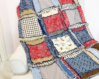 Western Rag Quilt | Southwest Blanket Baby Boy, Red Blue Tan Crib Bedding | Cowboy Crib Quilt | Cowboy Crib Bedding | Southwest Baby Room