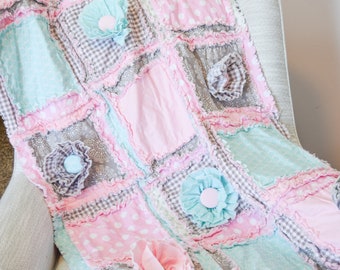 Baby Girl Quilt, Baby Quilts for Sale, Floral Crib Bedding, Light Pink and Mint Green Bedding