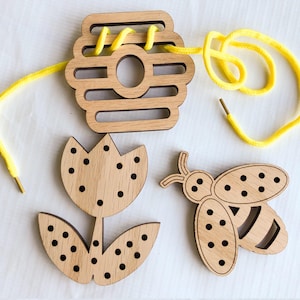 Bee Kids wood Lacing Nature Lacing Board Games | wooden Raw Wood Beehive Busy Travel for Tying Flower Hand Eye Coordination | Boy Girls PREk