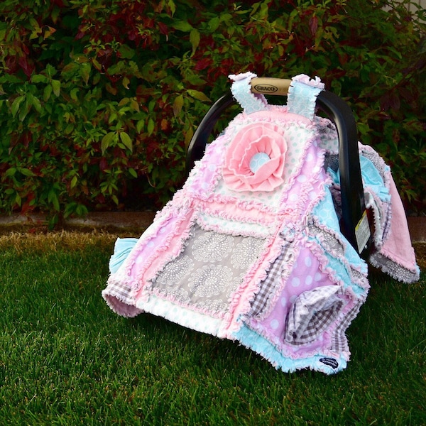 Baby Carseat Canopy Girl, Baby Girl Rag Quilt, Girl Car Seat Cover, Doubles as Breastfeeding Cover, Baby Girl