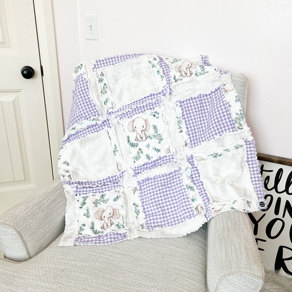 Purple Elephant Blanket Baby Girl Rag Quilt, Baby Girl Quilts, Homemade Quilts for Baby Girl