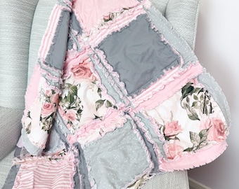 Pink Floral Blanket | Baby Girl Crib Bedding | Toddler Rag Quilt | Shabby Chic Patchwork Throw | Handmade Pastel Comforter