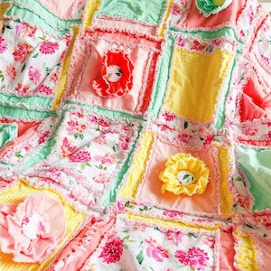Flower Girl Crib Size Quilt, Toddler Bedspread | Yellow, Mint, Pink Ruffle Floral Baby Quilts for Sale | Infant Newborn Decor Unique Quilted