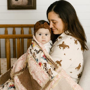 Western Baby Girl Blanket | Mauve Pink & Brown Buckaroo Blanket | Floral Patchwork Bedding Gift Idea