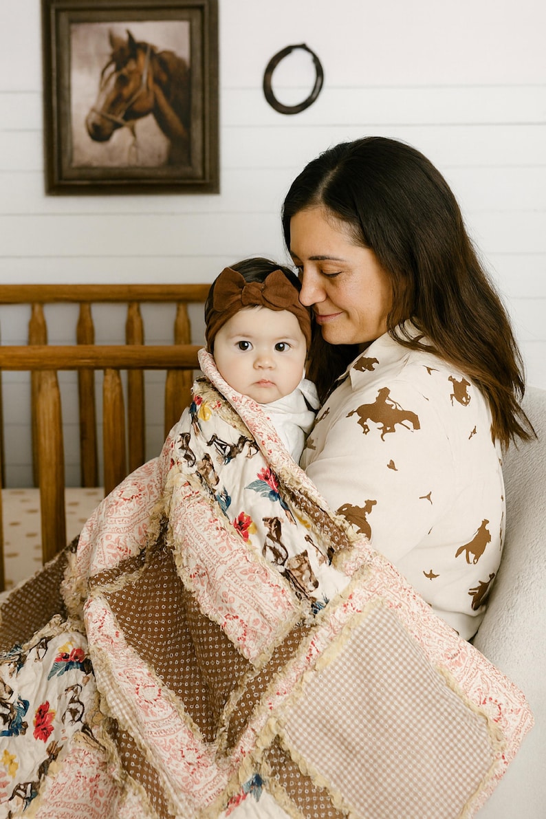Western Baby Girl Blanket | Mauve Pink & Brown Buckaroo Blanket | Floral Patchwork Bedding Gift Idea