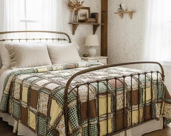 Sunflower Rag Quilt | Twin Full Queen King Bedding | Yellow Floral Farmhouse Quilt | Handmade Cozy Bedspread Gift