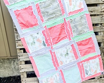 Llama Baby Girl Rag Quilt Nursery Bedding, Baby Girl Quilts, Toddler Bedding Girl Cactus Blanket for Baby Girl