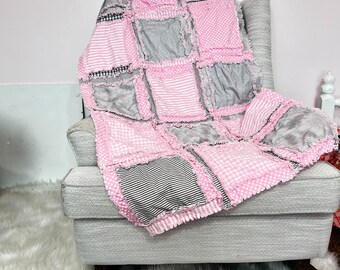 Baby Girl Quilts Pink Crib Bedding, Pink and Gray Baby Quilts, Toddler Bedding Girl Homemade Quilts for Girls