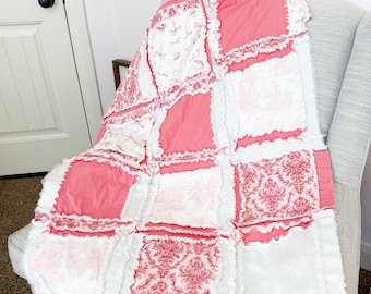 Pink Ribbon Baby Quilt | Feminine Rag Quilts | Toile Pink Bows Crib Blanket | Soft Raggy Nursery Bedding