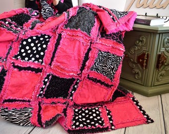 Hot Pink Black Zebra Rag Quilt, Handmade Gothic Bedding, Alt Teen Room Decor | Edgy Girl Room | Cute Goth Decor | VSCO Goth Decor