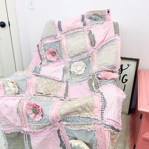 Pink Comforter Rag Quilts for Sale, Toddler Bedding Girl, Twin Bed Spread, Queen Size Quilts