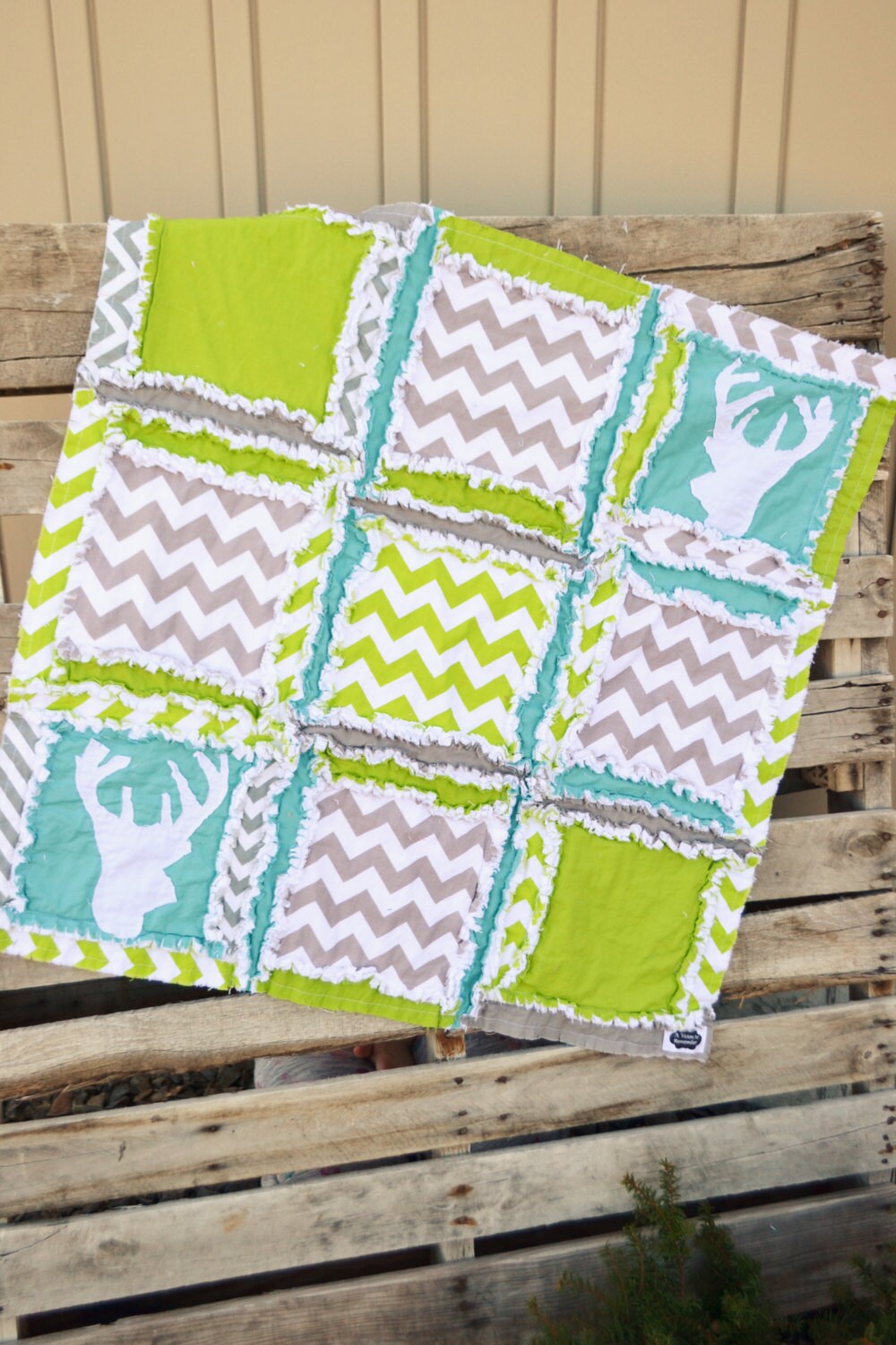 Deer Nursery Mini Crib Bedding Rag Quilt Green / Grey / Etsy