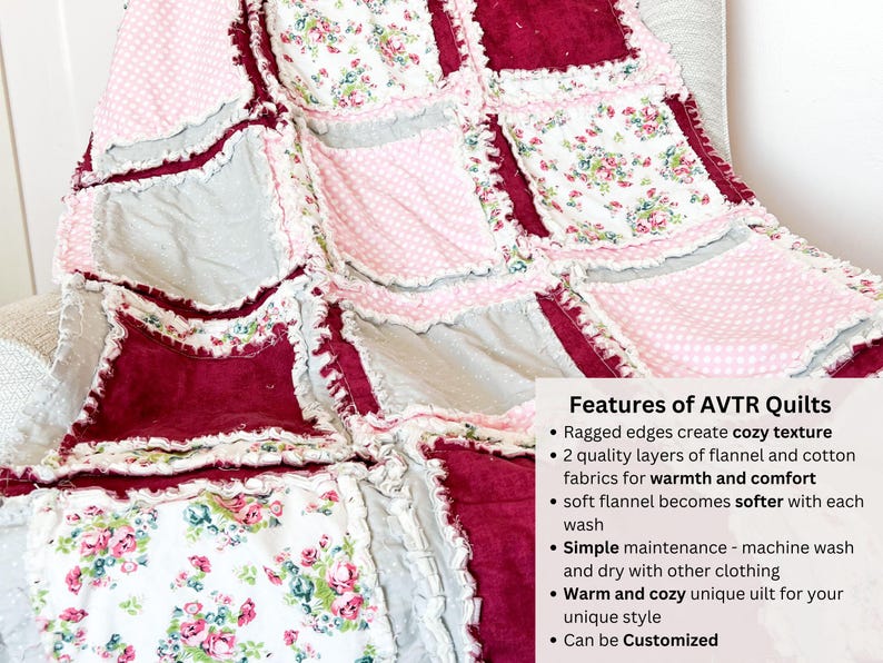 Floral Blanket Handmade Quilts for Sale, Baby Girl Rag Quilt, Baby Blanket to Queen Size Quilts, Baby Girl