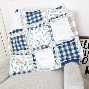 Elephant Blanket Baby Boy Rag Quilt, Elephant Quilts, Navy Crib Bedding Homemade Quilts for Boys