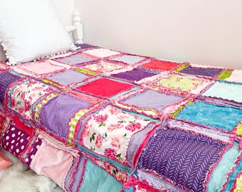 Twin Bed Quilt for Teen Girl Room Decor | Handmade Patchwork Rag Bedspread | Queen King Full Size Boho Bedding in Bright Pink Turquoise Lime