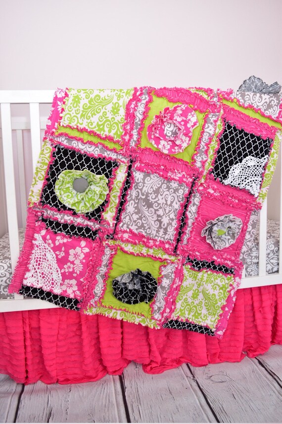 Bohemian Quilt Hot Pink Lime Green Black Gray Crib Comforter Nursery Decor Nursery Quilt Rag Blankets Rag Quilt Girls Bedroom