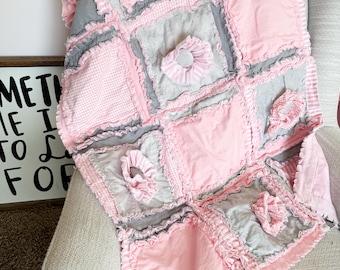 Baby Girl Rag Quilt | Pink Floral Crib Bedding | Ruffle Flower Blanket | Shabby Chic Nursery Gift