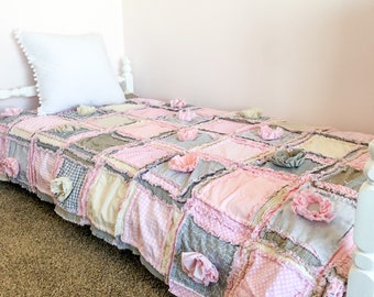 Pink Comforter Rag Quilts for Sale, Toddler Bedding Girl, Twin Bed Spread, Queen Size Quilts