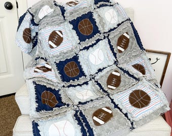 Sports Baby Blanket | Baseball Football Basketball Rag Quilt | Boy Crib Bedding | Toddler & Twin Sizes | Athletic Nursery Gift