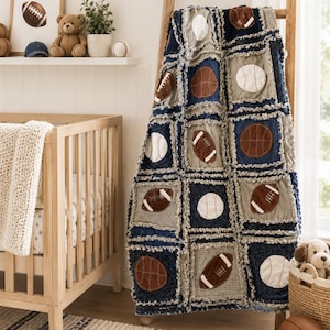 Sports Rag Quilt Modern Boys Blanket | Football, Baseball, Basketball Crib Bedding for Boy Nursery Decor | Baby Shower Heirloom Baby Gift
