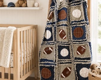 Sports Rag Quilt Modern Boys Blanket | Football, Baseball, Basketball Crib Bedding for Boy Nursery Decor | Baby Shower Heirloom Baby Gift