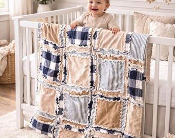Country Plaid Crib Size Baby Rag Quilt | Boy, Girl, Gender Neutral Blanket | Custom Newborn Bedding in Tan, Navy Blue