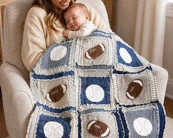 Sports Rag Quilt Modern Boys Blanket | Football, Baseball, Basketball Crib Bedding for Boy Nursery Decor | Baby Shower Heirloom Baby Gift