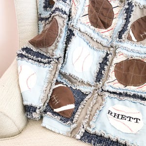 Sports Baby Rag Quilt Blanket | Baseball Football Basketball Theme | Boy Crib Bedding | Blue Gray Blanket Toddler | Handmade Baby Quilt