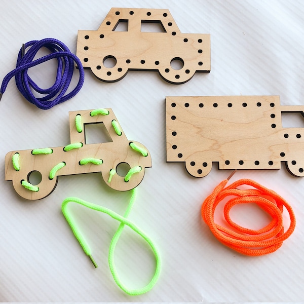Wooden Trucks Wooden Lacing Toy, Fine Motor Wooden Sewing Cards Lacing Boards