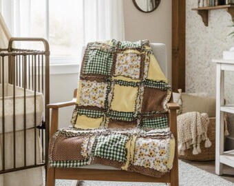Sunflower Baby Rag Quilt | Handmade Baby Blanket Gift from Grandma | Crib Quilt for Girl Nursery | Cozy Heirloom Baby Sunflower Bedding