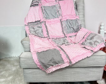 Baby Girl Rag Quilts and Toddler Bedding for Girls, Pink and Gray Baby Quilts, Also Twin Quilts for Girls