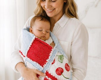 Red Cherries Baby Blanket for Girls | Cherry Red, Pastel Pink, Light Blue Baby Girl Crib Bedding | Baby Girl Quilt