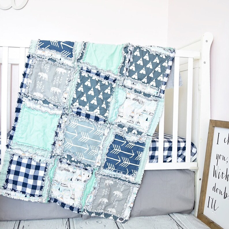 Bear Rag Quilt Bedding Crib Set For Baby Boy Nursery Woodland Outdoor Adventure Theme Mint Navy Blue Gray