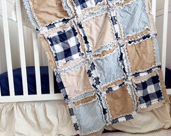 Country Plaid Crib Size Baby Rag Quilt | Boy, Girl, Gender Neutral Blanket | Custom Newborn Bedding in Tan, Navy Blue
