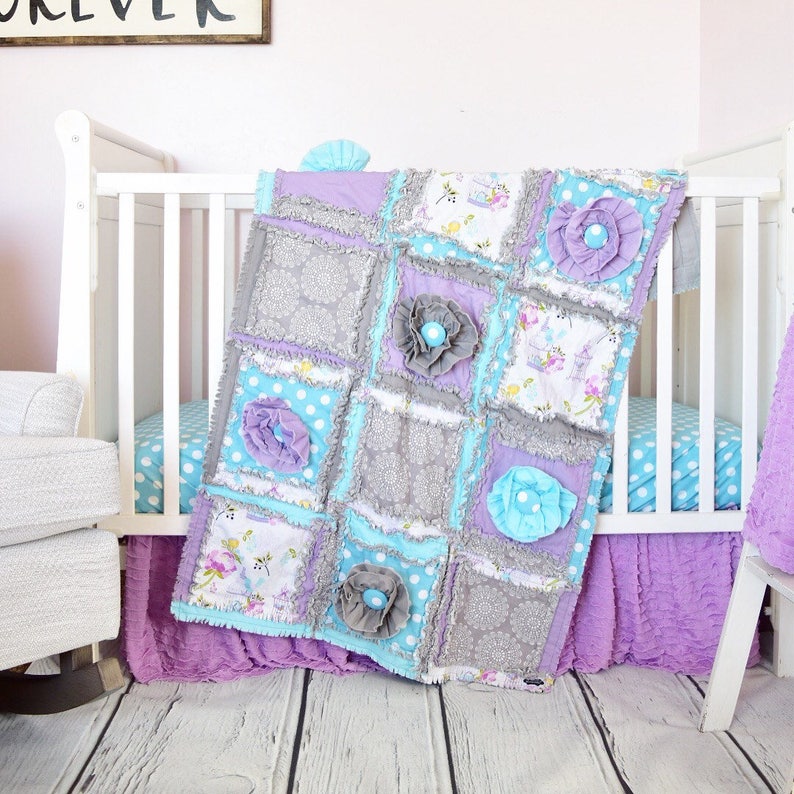 Baby Girl Crib Set Turquoise Gray Purple Bedding Bumperless Quilt Sheet Skirt Girls
