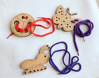 Wooden Lacing Toy, Lacing Cards Kids Toys, Butterfly, Ant, Ladybug