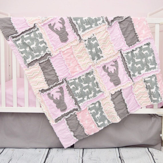 Woodland Bedding Gray Light Pink Bedding Hunting Nursery Etsy